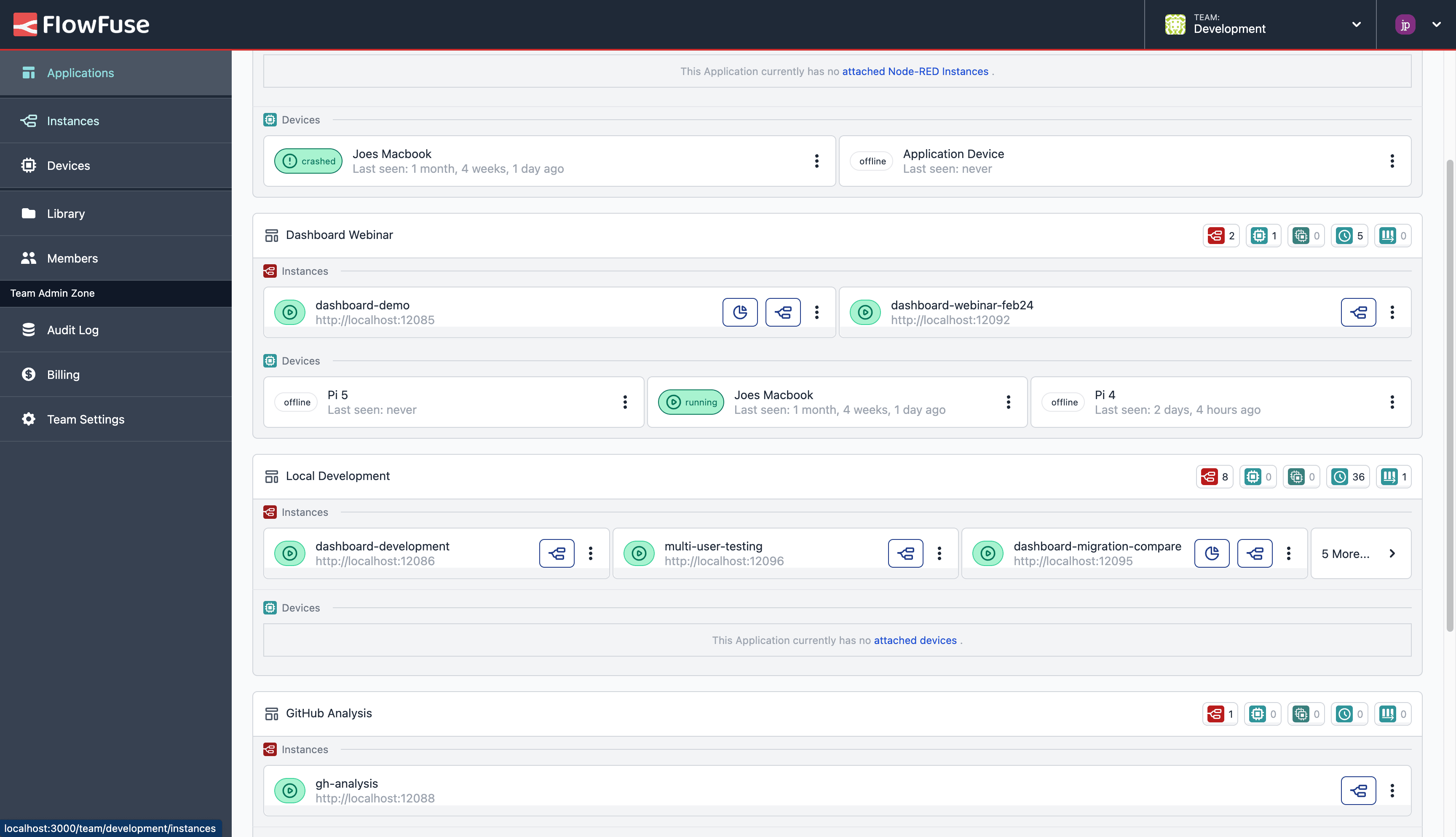 Screenshot of new "Applications" view for a given Team in FlowFuse.