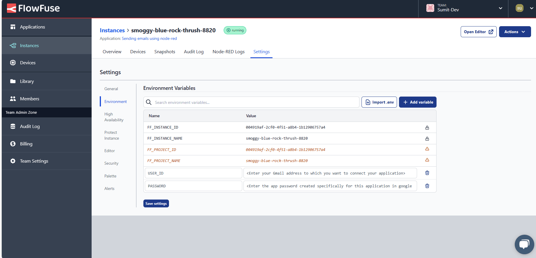 "Screenshot of FlowFuse instance settings Environment tab"